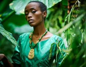 Ein ernst blickendes Model trägt ein traditionelles grünes Damastkleid, geschmückt mit einer auffälligen goldenen Halskette, umgeben von einer lebhaften Vegetation.