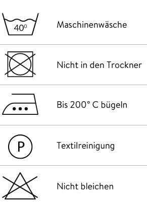 Pflegehinweise: bei 40° waschen, nicht in den Trockner, bis 200° bügeln, Textilreinigung, nicht bleichen
